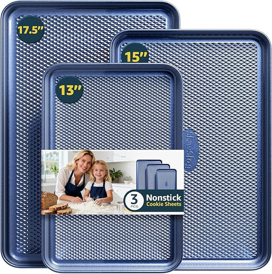 3Pcs Nonstick Baking Sheet, Baking Sheet Pan Set, Jelly Roll Pans, Cookies Sheet for Baking, Cookie Sheet Pan with Diamond Texture, Blue by SlowSLog