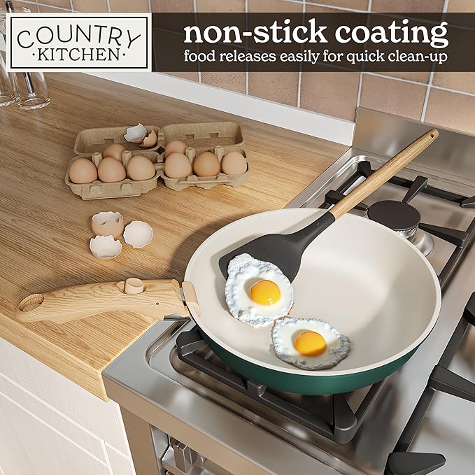 Country Kitchen Cookware Set with Removable Handle, Oven & RV Safe Pots and Pans Set, Sage Wood Handle, Original - Image 4