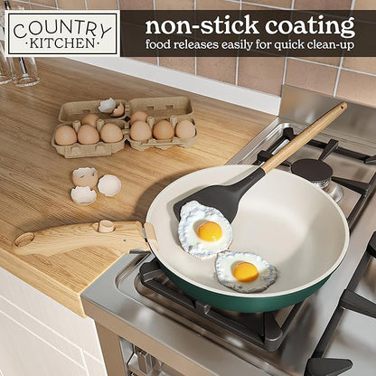 Country Kitchen Cookware Set with Removable Handle, Oven & RV Safe Pots and Pans Set, Sage Wood Handle, Original - Image 4