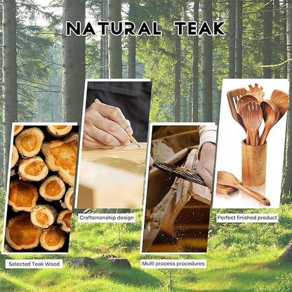 Teak Wooden Spoons for Cooking - 9 Pcs Comfort Grip Kitchen Utensil Set with Holder & Rest - Image 6