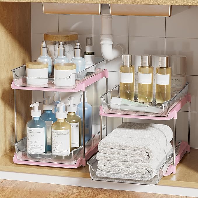 Delamu 2-Tier Multi-Purpose Bathroom Under Sink Organizers and Storage, Stackable Kitchen Pantry Organization, Pull Out Medicine Cabinet Organizer with Movable Dividers, Pink, 2 Pack - Image 6