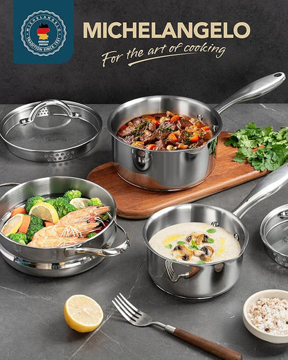 MICHELANGELO Stainless Steel Sauce Pot Set with Steamer 5Pcs, 18/10 Saucepan Set with Pour Spout & Strainer Glass Lids, Sauce pan with Triply Bottom Induction Compatible - 1QT & 2QT - Image 7