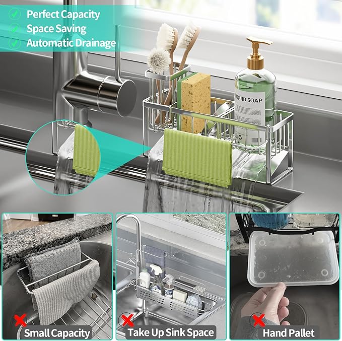 HapiRm Sponge Holder for Kitchen Sink - Self-draining Sink Caddy with Brush and Dishcloth Holders with Sloping Drainage - Silver - Image 7