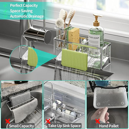 HapiRm Sponge Holder for Kitchen Sink - Self-draining Sink Caddy with Brush and Dishcloth Holders with Sloping Drainage - Silver - Image 7