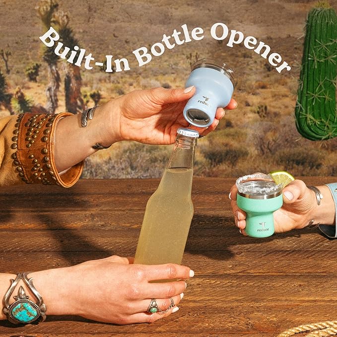 REDUCE Salteeny 3-in-1 Beer Bottle Opener with Shot Glass & Cocktail Jigger – Stainless Steel Bartender Bar Tool for Home Bar, Parties & Camping – Cloud Saltwater 2 Pack