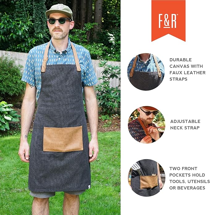 Foster & Rye Cooking Apron for Men with Adjustable Faux Leather Strap, Grilling Apron with Pocket for Football Game Fans, Family BBQ Gatherings, Camping Trips, Tailgate, Outdoor Party