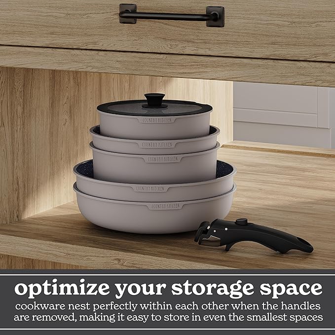 Country Kitchen Cookware Set with Removable Handle, Oven & RV Safe Pots and Pans Set, Grey/Black, Original - Image 5