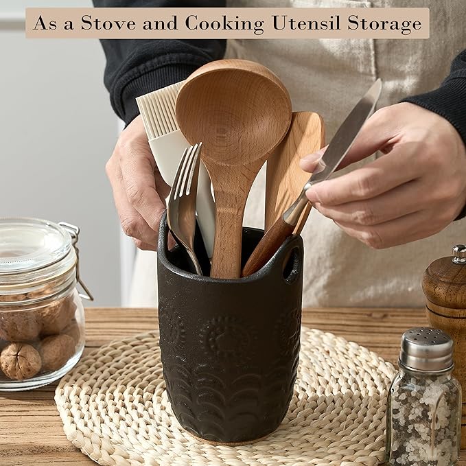 5.75“ (H) Utensil Holder for Kitchen Counter, Cute Nordic Minimalist Style Cooking Utensil Holder and Crock Home Kitchen Decor, Ceramic Utensil Organizer for All kinds Spoon, Knife, Fork