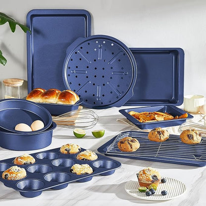 HONGBAKE Bakeware Sets, Baking Pans Set, Nonstick Oven Pan for Kitchen with Wider Grips, 10-Piece Including Rack, Cookie Sheet, Cake Pans, Loaf Pan, Muffin Pan, Pizza Pan - Blue - Image 2