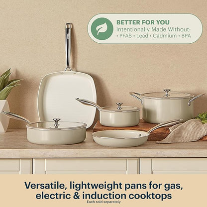 Pyrex 11-Inch Grill Pan Ceramic Cookware with Stainless Steel Handle, Healthy Nonstick Ceramic Coating, Induction Compatible Stainless Steel, PFAS Lead Cadmium BPA Free