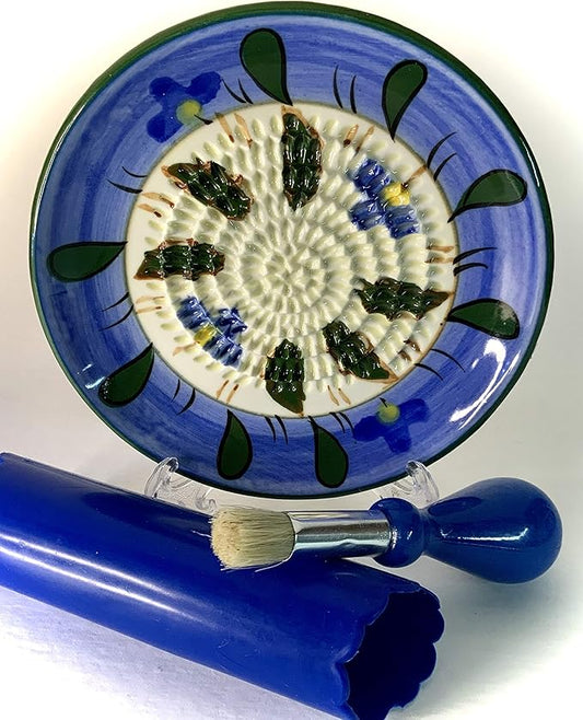 BonCera, All-in-one Premium Ceramic Garlic Grater Plate 4-Piece Set - Blue Flower Design, Classic Style - For Garlic, Ginger, Chocolate, and more! - Comes with 5.25" Plate, Peeler, Brush, and Stand