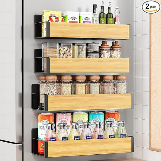 Vetacsion 4 Pack Moveable Fridge Magnetic Spice Racks,Metal (Bamboo)