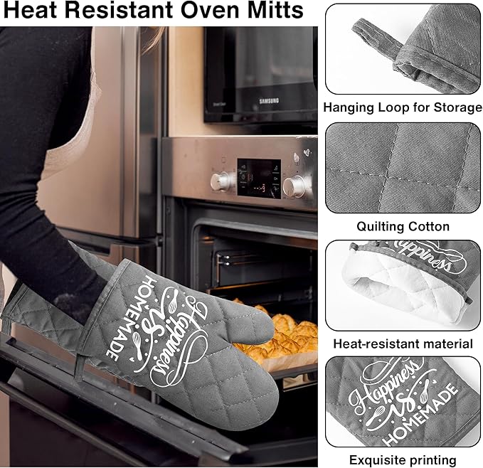 GROBRO7 6Pcs Cotton Oven Mitts and Pot Holders Set Happiness is Homemade Heat Resistant Hot Pad Machine Washable Microwave Gloves with Hanging Loop Pocket Potholder for Kitchen Baking Cooking Grilling - Image 3