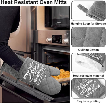 GROBRO7 6Pcs Cotton Oven Mitts and Pot Holders Set Happiness is Homemade Heat Resistant Hot Pad Machine Washable Microwave Gloves with Hanging Loop Pocket Potholder for Kitchen Baking Cooking Grilling - Image 3