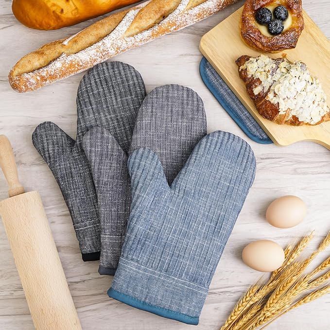 Oven Mitts and Pot Holders, Silicone Oven Gloves, 500 F Heat Resistant Oven Mitts Sets, Non-Slip Silicone Textured Grip, Blue - Image 4