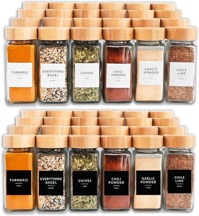 SAVVY & SORTED Glass Spice Jars with Label, 24PK Bamboo Jar Spices Set 4oz, 374 Spice Labels, Pepper Grinder, Empty Herb Seasoning Containers, Funnel and Shaker Lids - Image 8