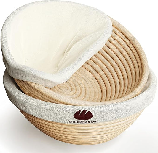 Superbaking 2 pcs Banneton Bread Proofing Basket, 9" Splinter-Free Round Rattan Bread Basket with Liners, Sourdough Starter Kit, Sourdough Bread Baking Supplies & Sourdough Kit, Bread Making Tools by Superbaking