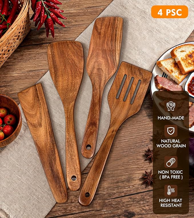 4Pcs Wooden Spatula for Cooking, Acacia Wooden Spatula for Kitchen Use, Nonstick Cookware Safe Utensils Set including Turner, Slotted Turner, Paddle and Scraper, Ideal Cooking Utensils Gift Set - Image 5