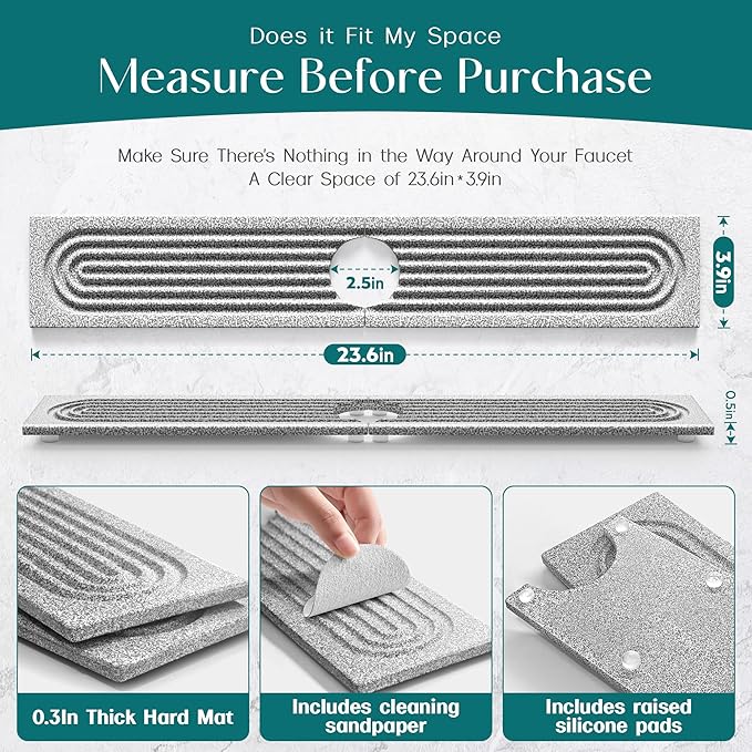 Stone Kitchen Sink Faucet Mat, Premium Upgraded Diatomite Drying Stone Mat & Sink Protector Splash Guard - Prevent Moisture Drying Stone Tray for Kitchen Counter (23.6" x 3.9", Dishwasher Safe) - Image 6