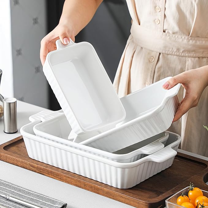 MALACASA Casserole Dishes for Oven, Porcelain Baking Dishes, Ceramic Bakeware Sets of 4, Rectangular Lasagna Pans Deep with Handles for Baking Cake Kitchen, White (9.4"/11.1"/12.2"/14.7"), Series - Image 7
