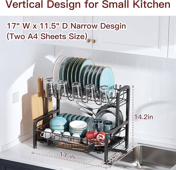 2 Tier Black Dish Drainer Drying Rack for Kitchen Counter, Large Stainless Steel Dishes Dryer with Drainboard, Space Saving, Big Rustproof Metal Modern Countertop Plates Strainer with Utensil Holder - Image 6