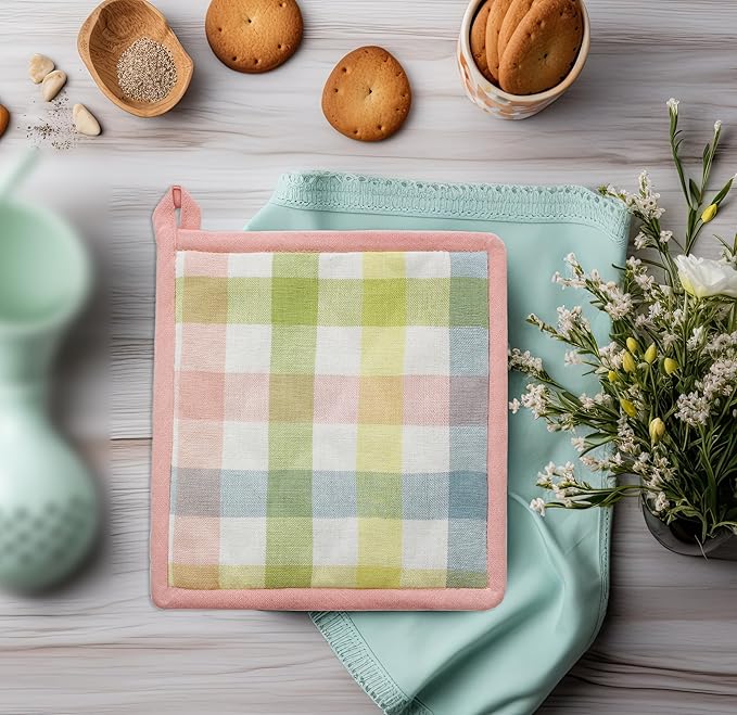 COTTON CRAFT Oven Mitt and Pot Holder Set - Gingham Buffalo Check 2 Oven Mitts 2 Pot Holders Set - Easter Spring Cotton Extra Long Mitt - Insulated Heat Resistant Quilted Kitchen Glove - Yellow Multi - Image 6
