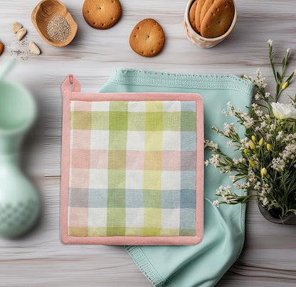 COTTON CRAFT Oven Mitt and Pot Holder Set - Gingham Buffalo Check 2 Oven Mitts 2 Pot Holders Set - Easter Spring Cotton Extra Long Mitt - Insulated Heat Resistant Quilted Kitchen Glove - Yellow Multi - Image 6