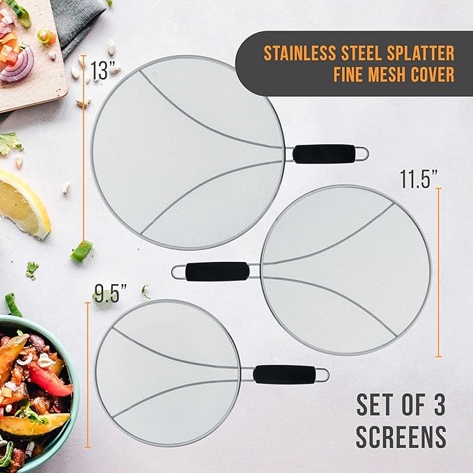 U.S. Kitchen Supply 3-Piece Stainless Steel Splatter Guard Set (13", 11.5", 9.5") Fine Mesh Cover, Grease & Oil, Splatter Screen for Frying Pan, Cooking Pots, with Resting Feet & Comfort Grip Handles - Image 2