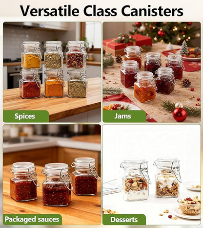 R DRURLCD 20 Pack Small 4 oz Glass Spice Jars with Airtight Hinged Lids, Square Spice Containers with Labels, Spoons& Funnels, BPA-free, Spice Herbs Condiment Storage for Kitchen,Wedding