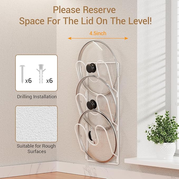 ORDORA 2 Pack Pot Lid Organizer Rack for Cabinet Door, 6-Tier Pot Lid Holders inside Cabinet, No Drilling Adhesive Wall Door Mounted Rustproof Pots and Pans Cover Organizers for Kitchen Storage, White - Image 6