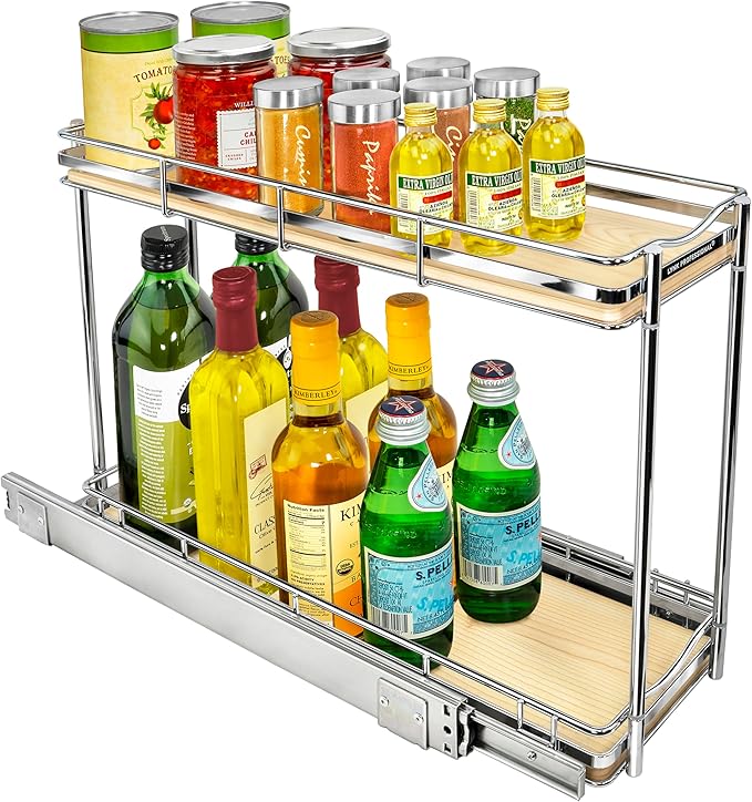 LYNK PROFESSIONAL® Élite™ Pull Out Spice Rack Organizer for Inside Kitchen Cabinets - 6" x 21" - Slide Out Drawer – Wood/Chrome Sliding Spice Organization for cabinet - Spice Racks - 2 Tier - Image 7