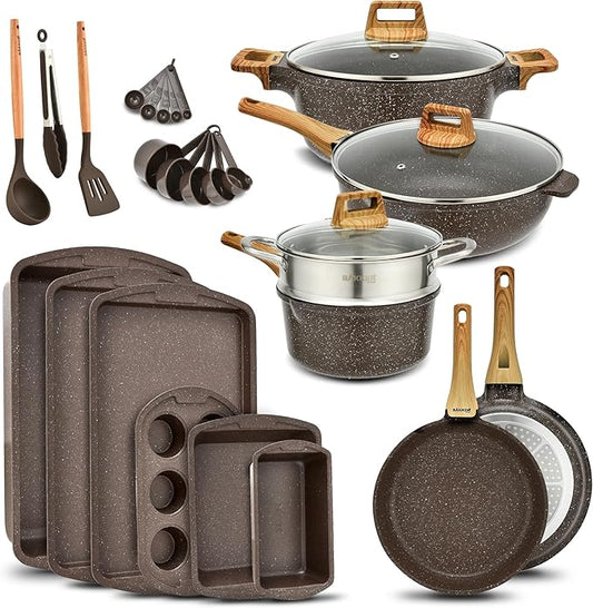 Bakken Master 20 Piece Cookware Set - Pots and Pans with Handle Grips and Tempered Glass Lids, With 6-piece Bakeware Set, Nonstick Granite Coating, Ceramic Max Temperature (Up To 500°F), Brown Marble by Unknown