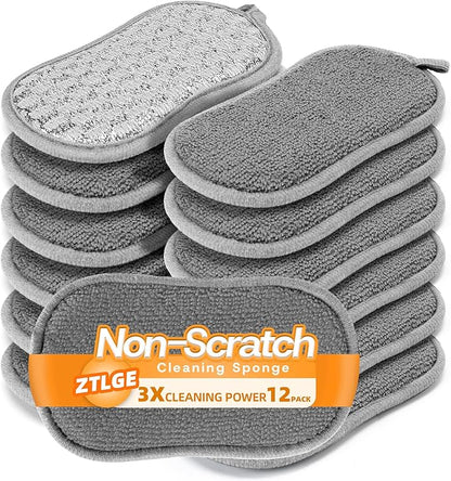 Multi-Purpose Scrub Kitchen Sponges – 12 Pack Dish Sponge, Dual-Sided Non-Scratch Microfiber & Metal Scrubber, Reusable Sponges for Dishes, Pots, Glass, Sink, Stovetop & Bathroom (Gray) by Unknown