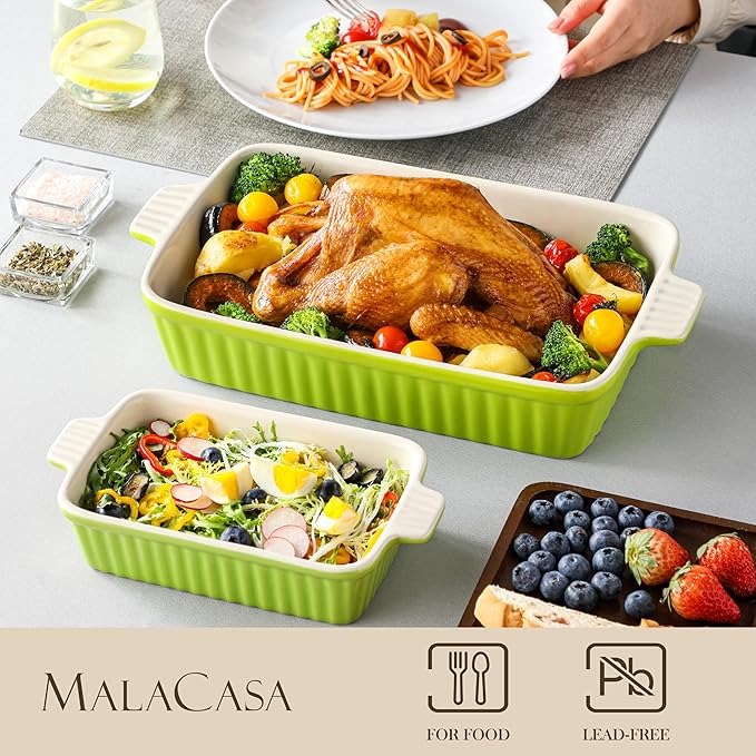 MALACASA Bakeware Set of 4, Porcelain Baking Pans Set for Oven, Casserole Dish, Ceramic Rectangular Baking Dish Lasagna Pans for Cooking Cake Kitchen, Green (9.4"/11.1"/12.2"/14.7"), Series BAKE.BAKE - Image 3