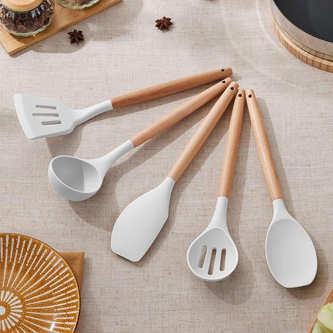Herogo 5-Piece Cooking Utensils Set, Silicone Kitchen Utensils Set with Wooden Handle, Heat Resistant Cooking Tools Slotted Turner, Spoon, Soup Ladle, Spatula, Spoonula for Nonstick Cookware, White - Image 9
