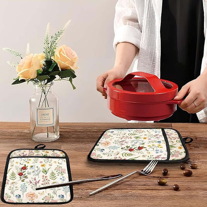 Beige Floral Botanical Pot Holders with Pockets, Rustic Cottagecore Flower Oven Pot Holders Heat Resistant Oven Mitts Hot Pads for Kitchen Baking Cooking