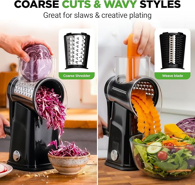 NutriChef 5 in 1 Cheese Grater & Shredder | 5 Different Blades for Thin, Thick, Julienne Strips, Wavy, & Straight Strips | Includes Hand Crank, Strong Suction Base & Storage Container | Black - Image 5
