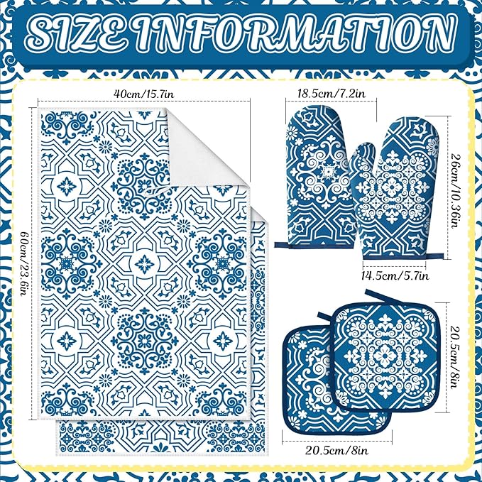 Jingmore 6 Pcs Kitchen Decor Set Accessory Farmhouse Kitchen Towels Pot Holders Oven Mitts Set 2 Dish Towels 2 Pot Holders 2 Cooking Mittens Oven Glove for Cooking (Blue,White,Chinoiserie Printed) - Image 3
