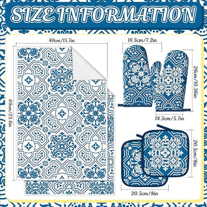 Jingmore 6 Pcs Kitchen Decor Set Accessory Farmhouse Kitchen Towels Pot Holders Oven Mitts Set 2 Dish Towels 2 Pot Holders 2 Cooking Mittens Oven Glove for Cooking (Blue,White,Chinoiserie Printed) - Image 3