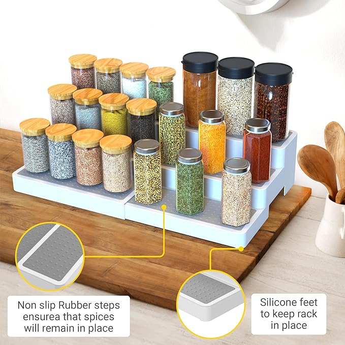 YAN & HIN Expandable Spice Rack Organizer for Cabinet (2 Pack), 3-Tier Tiered Spice Shelf Organizer with Non-Skid Surface, Spice Riser, Adjustable Pantry Organizer for Spices, Cans & Medicine Cabinet - Image 4