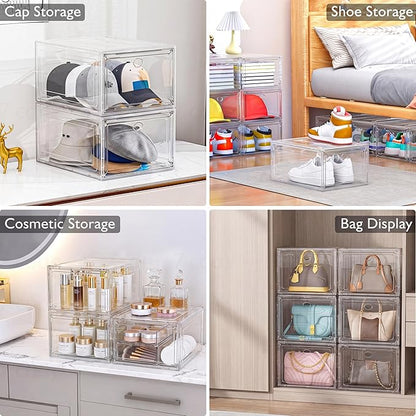Thickened Clear Shoe Storage Organizer with Magnetic Door, Sturdy Stackable Shoe Boxes for Closet, Collapsible Space-Saving Shoe Rack for Sneakers & Boots, Plastic Shoe Cabinet Box Set, 6 Pack, White