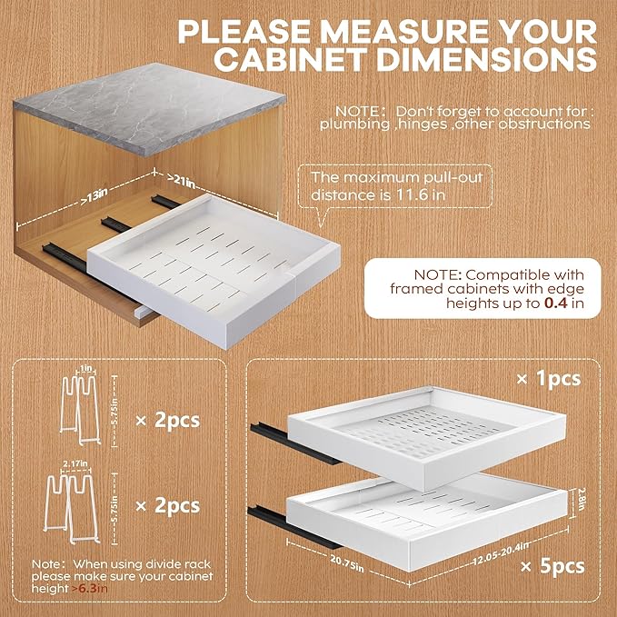 Seinloes 6Pack Expandable Pull Out Cabinet Organizer 21"Deep With Raising Pad for Framed Cabinets,Slide Out Drawers with 4pcs Divider Racks,Roll Out Shelves Adhesive,Adjustable Width 12.05"-20.4"White - Image 4