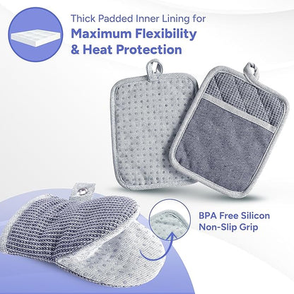Casa Platino Mini Oven Mitts Set, 8-Piece – 500°F Heat Resistant Silicone Oven Mitt, Potholders for Kitchens, 2 Kitchen Towels & 2 Dish Cloths – Non-Slip & Durable – Indigo