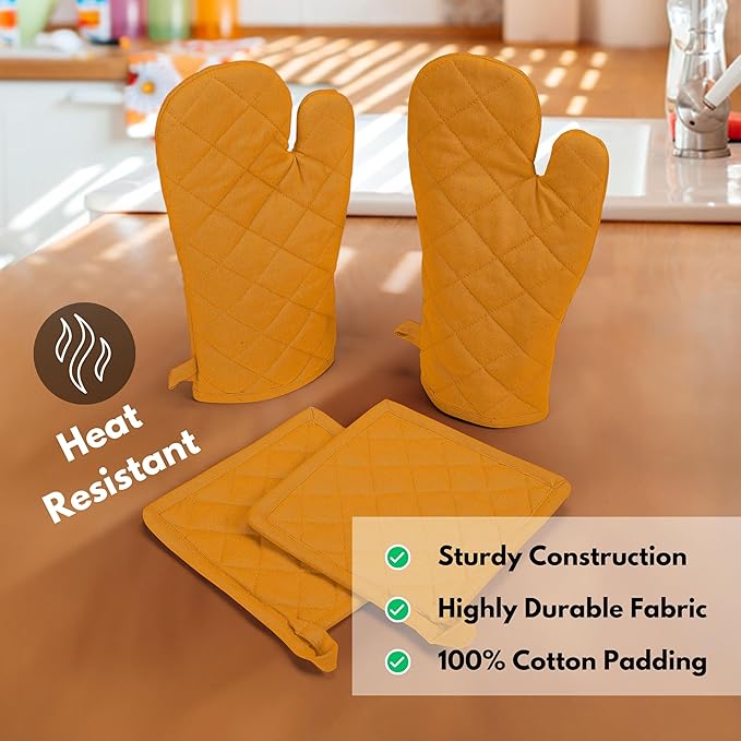 Native Fab 4 Piece Set - 2 Oven Mitts & 2 Potholders, Heat Resistant, 100% Cotton, Quilted Design, Non-Slip Grip, Machine Washable, Ideal for Baking, Cooking, BBQ, Kitchen Protection - Mustard Yellow - Image 4