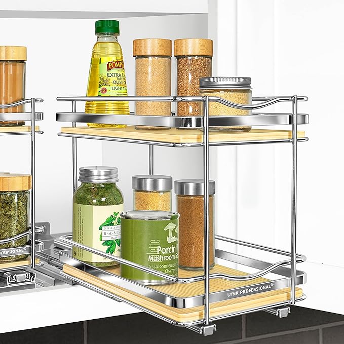 LYNK PROFESSIONAL® Élite™ Pull Out Spice Organization for Cabinets - 6-3/8 inch Wide – Spice Rack for Inside Cabinets – Wood/Chrome - Sliding Spice Rack Organizer for cabinet – Spice Rack - 2 Tier - Image 8