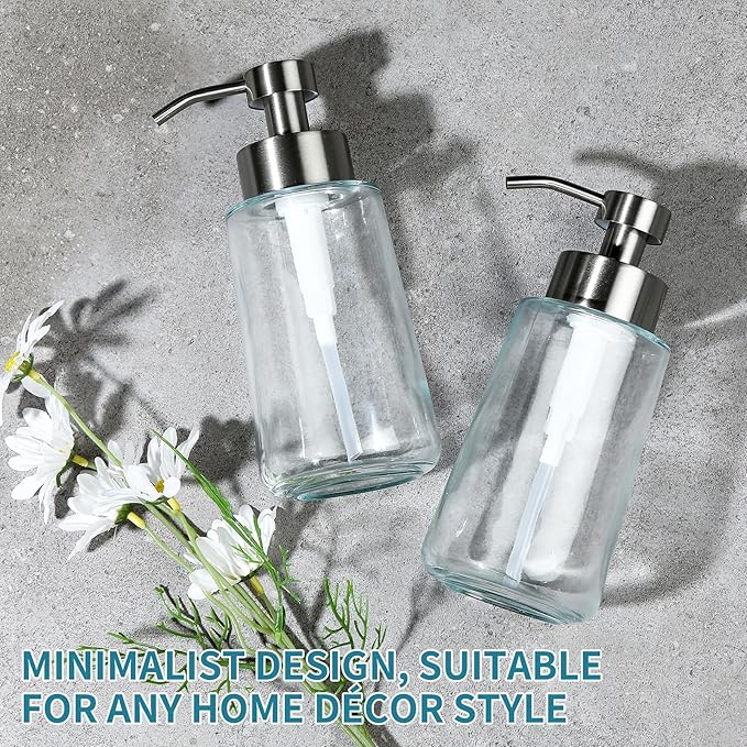 Soap Dispenser, Glass Hand Soap Dispenser with Rust Proof Pump, 16oz Liquid Soap Container with Waterproof Labels, Dish & Hand Soap Pump for Bathroom, Kitchen, Brushed Nickel, Pack of 2 - Image 8