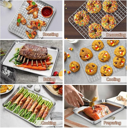 P&P CHEF 12.5 + 9 Inch Toaster Oven Pan with Rack Set, Stainless Steel Baking Pan Tray and Grid Cooling Rack for Cooking/Roasting, Dishwasher Safe & Easy to Clean, Non-toxic & Sturdy, (4Pcs)