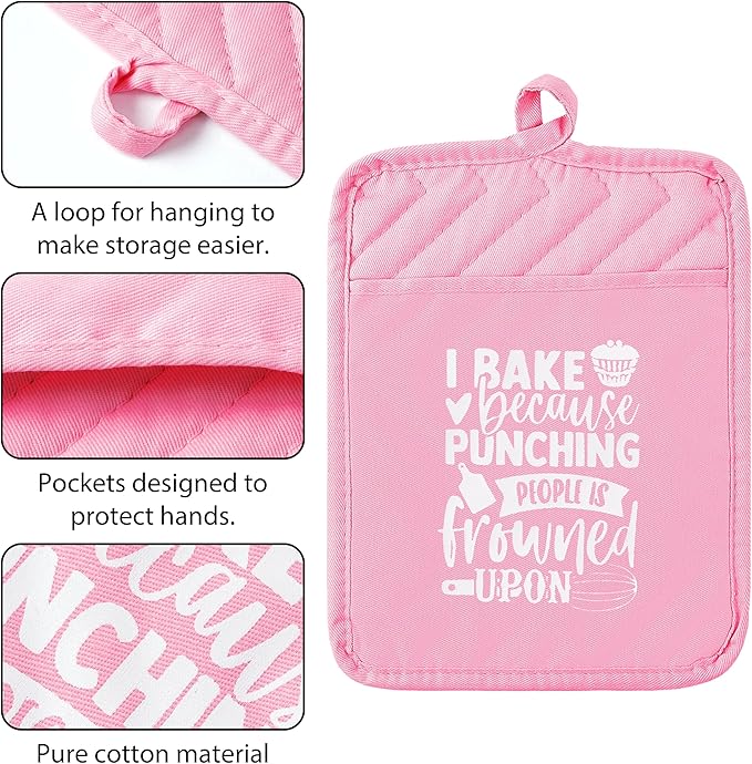GROBRO7 6Pcs Cotton Oven Mitts Pot Holders Funny Women Resistant Hot Pads Machine Washable Microwave Gloves with Hanging Loop Pocket Potholder for Kitchen Baking Cooking GrillingPink - Image 4