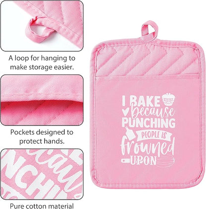 GROBRO7 6Pcs Cotton Oven Mitts Pot Holders Funny Women Resistant Hot Pads Machine Washable Microwave Gloves with Hanging Loop Pocket Potholder for Kitchen Baking Cooking GrillingPink - Image 4