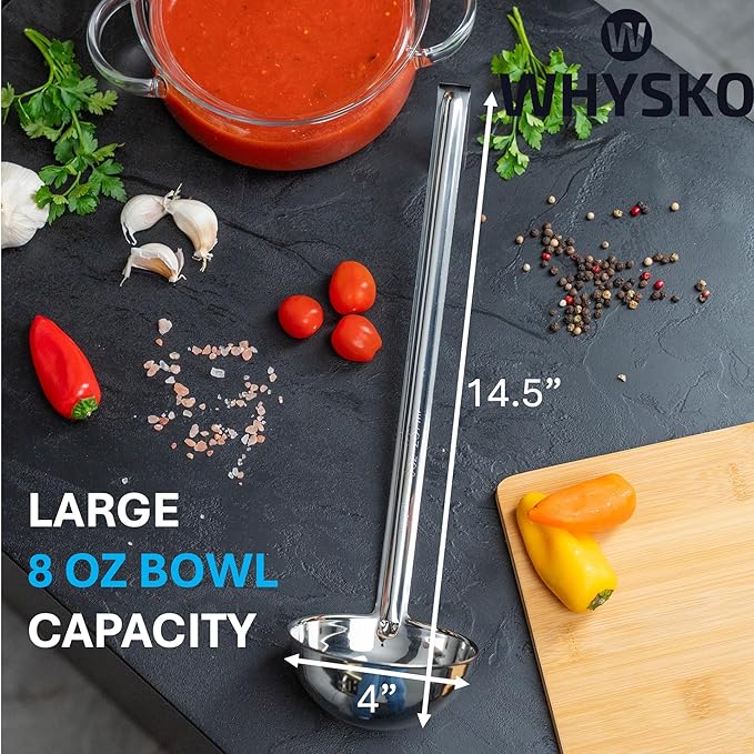 Whysko Soup Ladles Stainless Steel, 3-Pack of 8 oz. Metal Ladle Spoons, Rustproof Heat-Resistant Materials for Cooking and Serving Soups and Sauces, Commercial Grade Kitchen Essentials